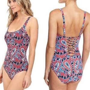 Michael Kors Angelina Paisley Lace-Up One Piece Swimsuit Red Blue 14 NWT